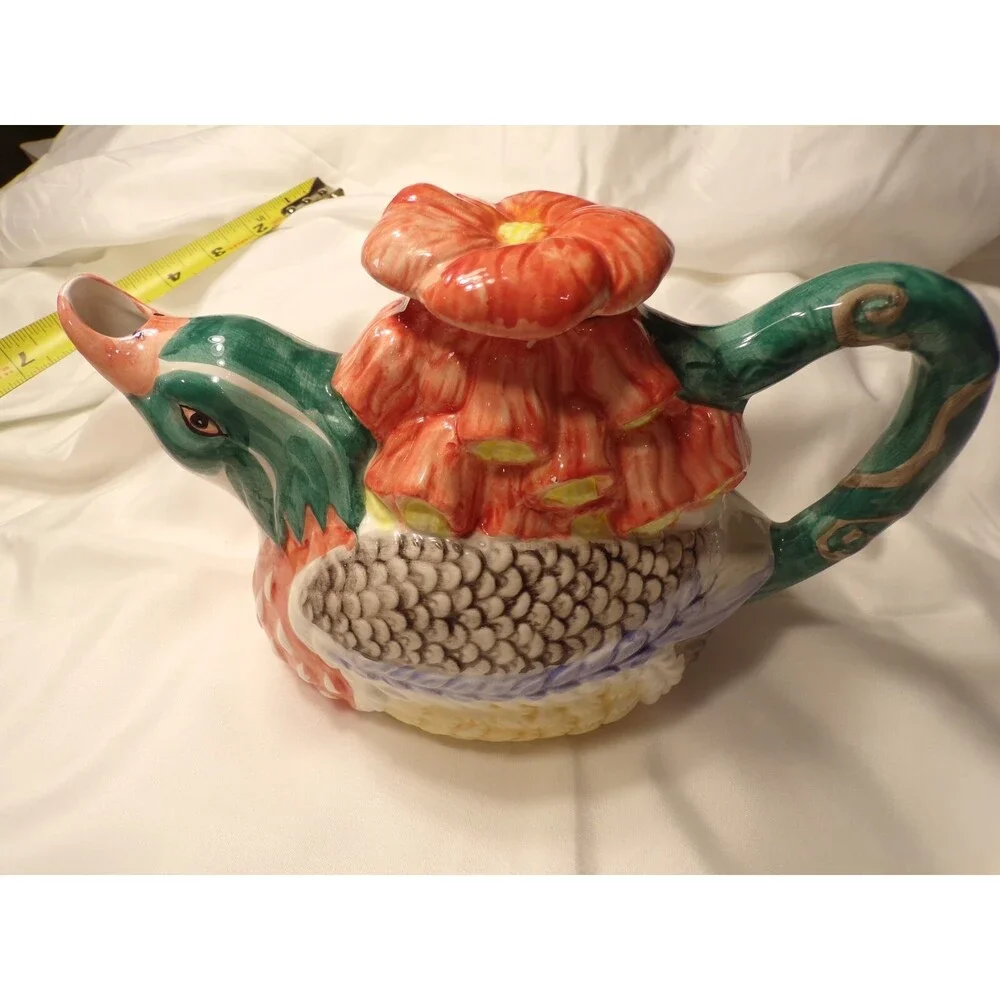 Vintage 1990's WCL 32oz. Goose Teapot Hand-painted with Flower Lid; Peach Green